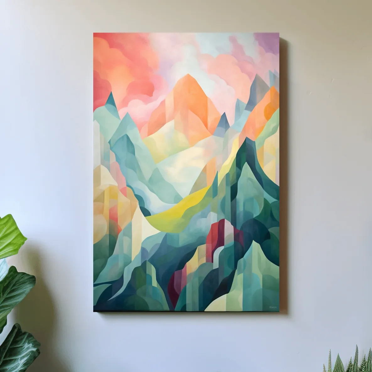Abstract painting of mountains at sunset
