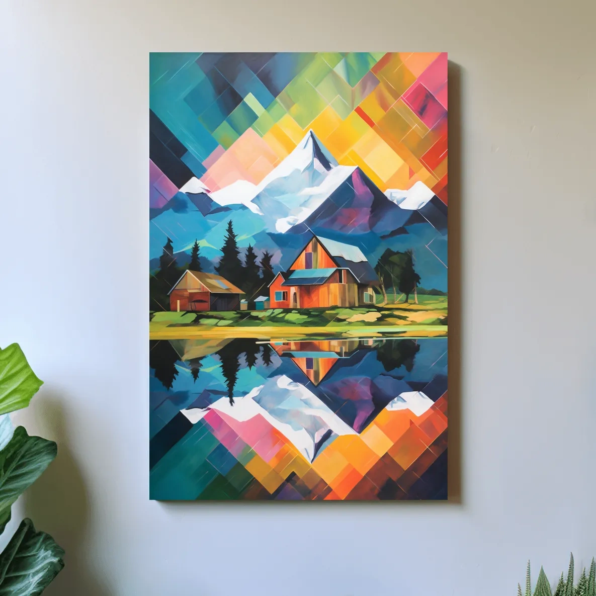 Vibrant abstract painting of a cabin by a glacier and lake