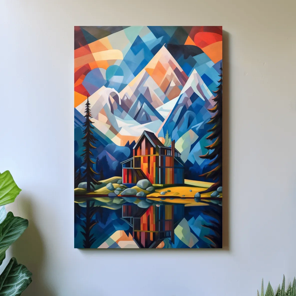 Abstract painting of a cabin by a lake