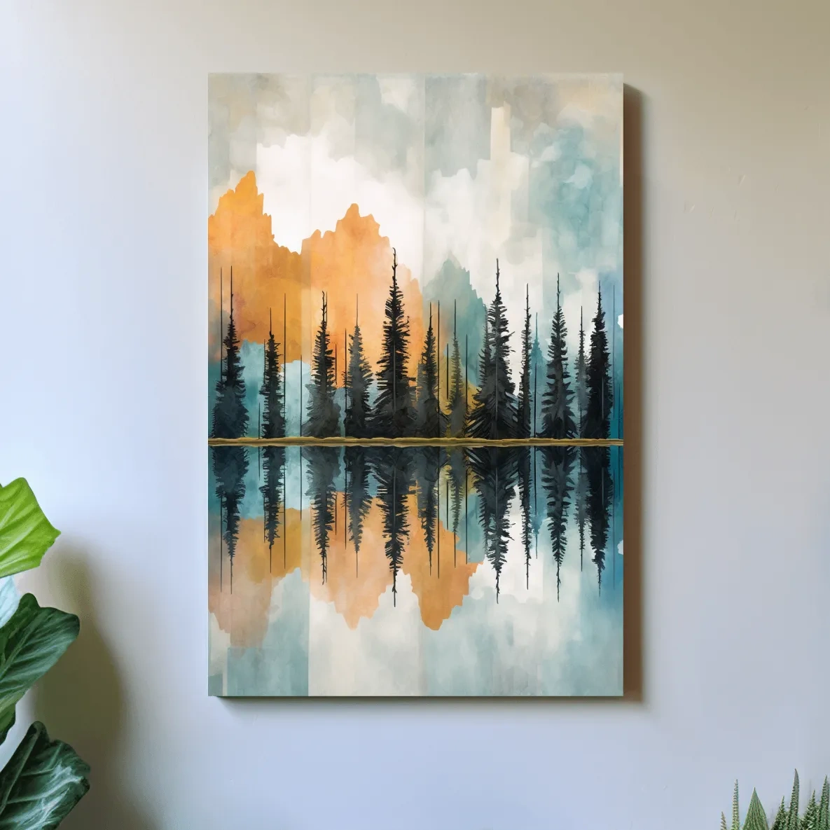 Abstract watercolour painting of trees along a lake