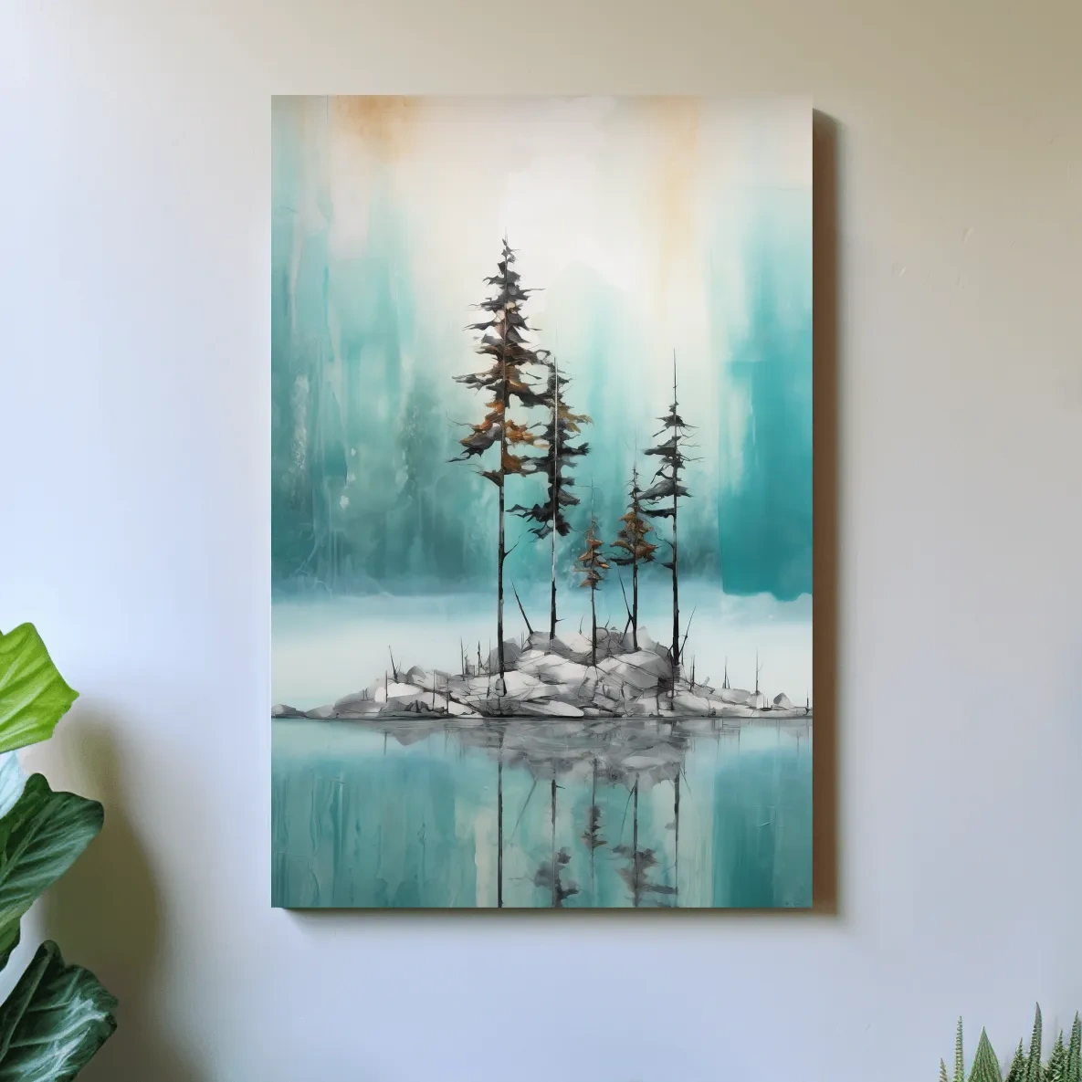 Abstract painting of trees by an alpine lake