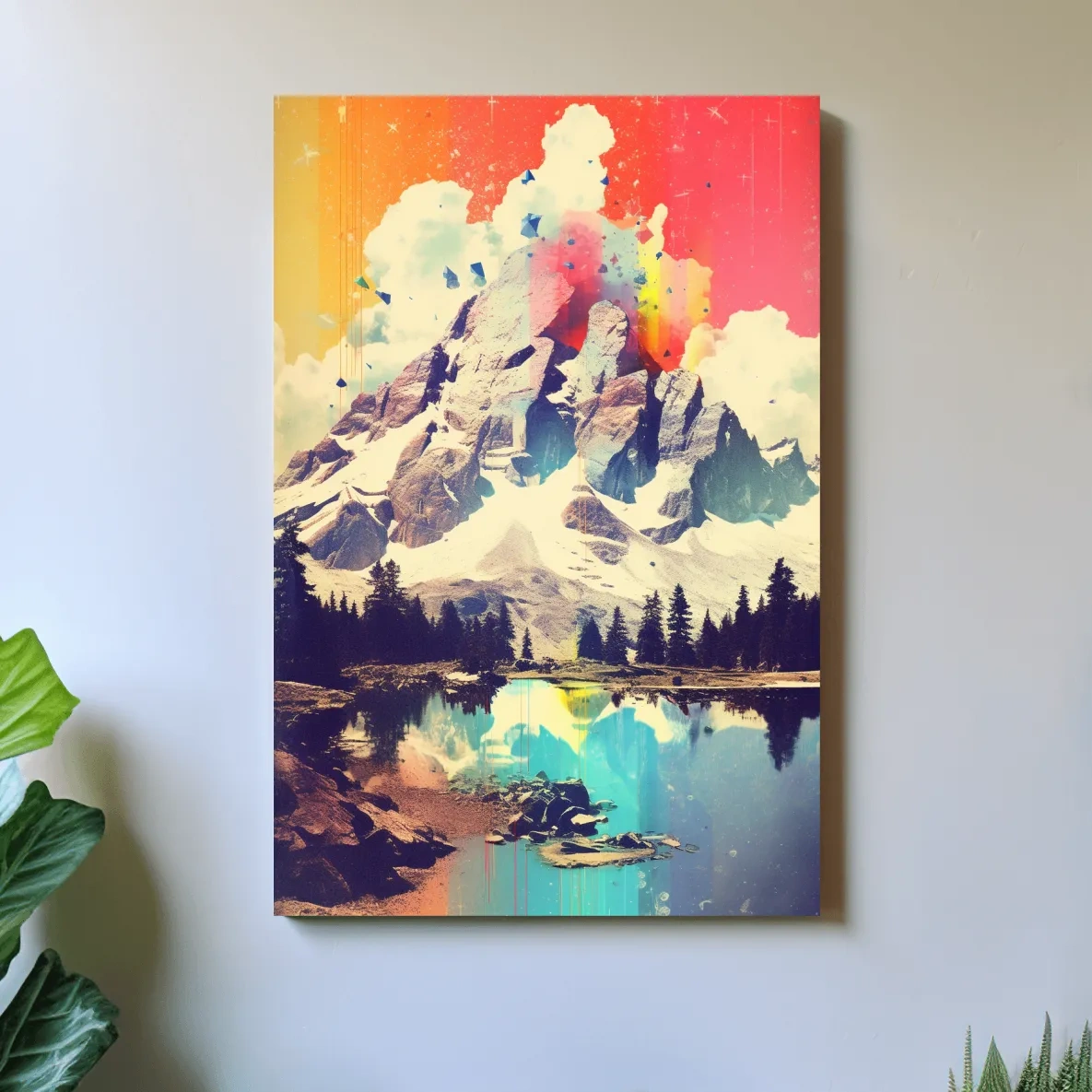 Colourful abstract painting of a mountain and lake