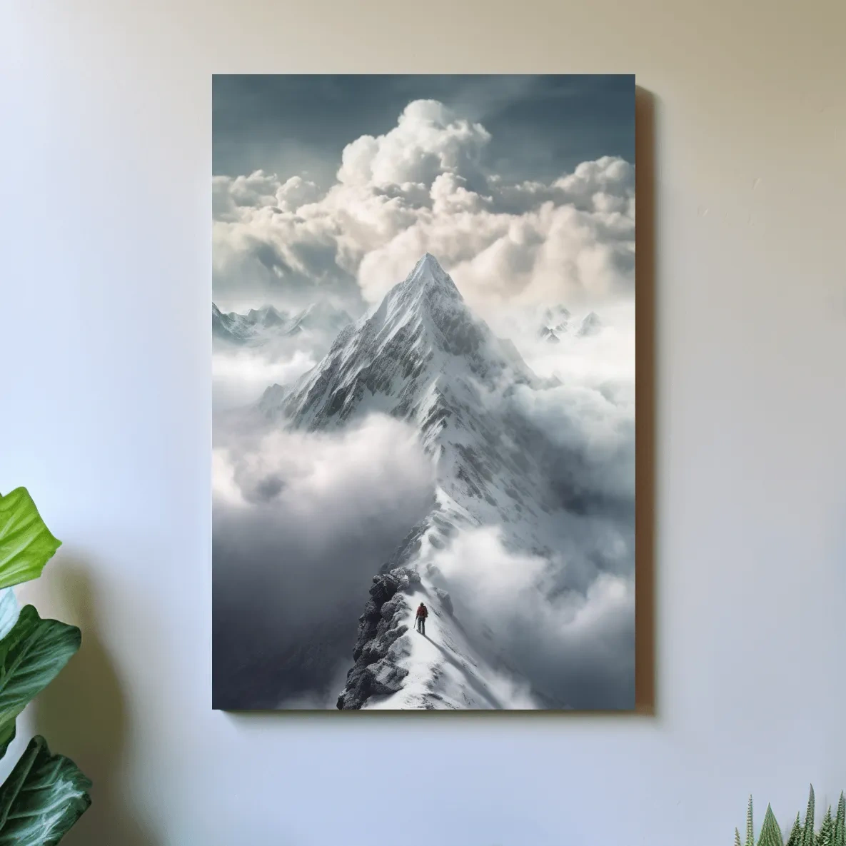 Painting of a person approaching the summit of a snowy mountain