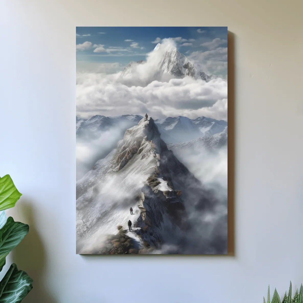 Painting of adventurers hiking up a ridge