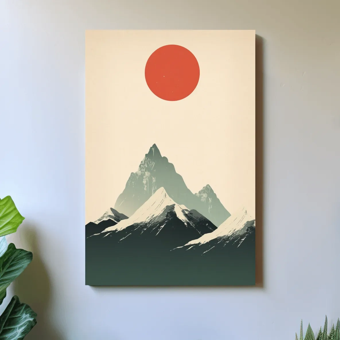 Japandi style minimalistic art of the sun over snow capped mountains