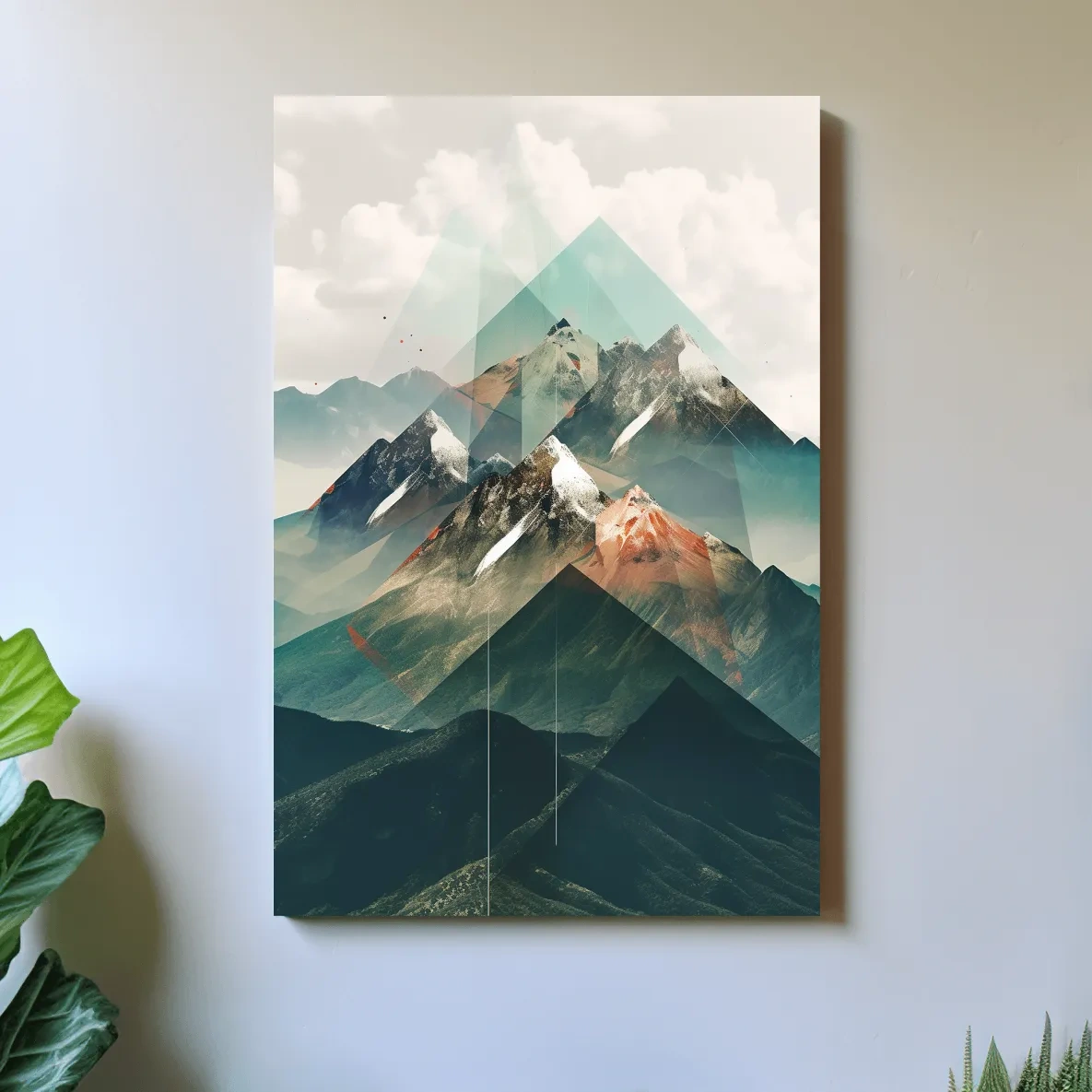 Abstract mountain art, geometric shapes overlaying mountain photography