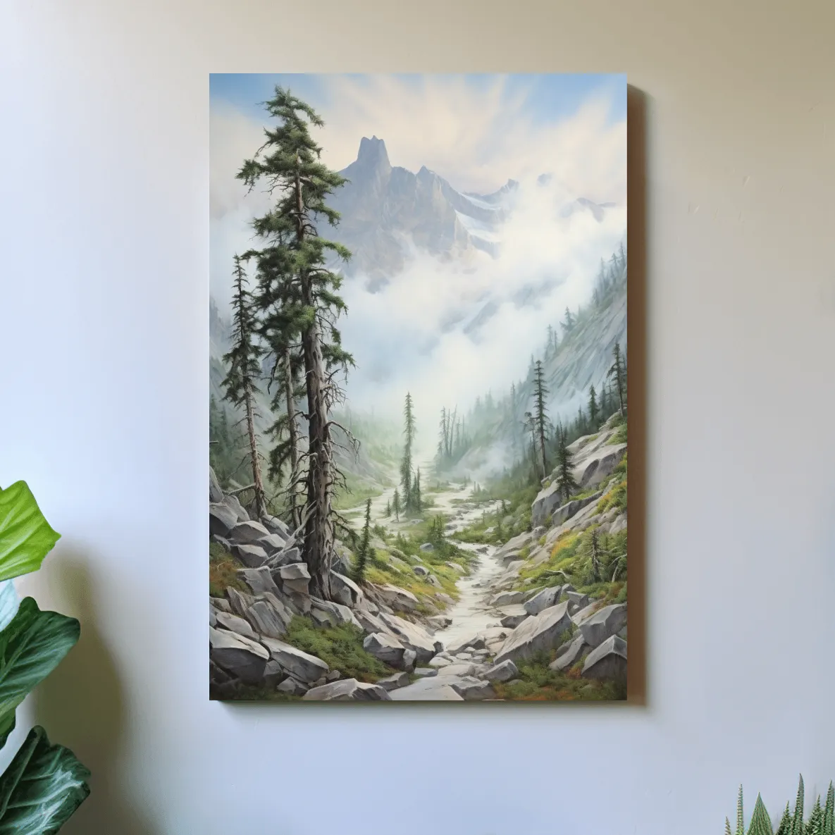 Painting of a trail leading into a foggy alpine scene