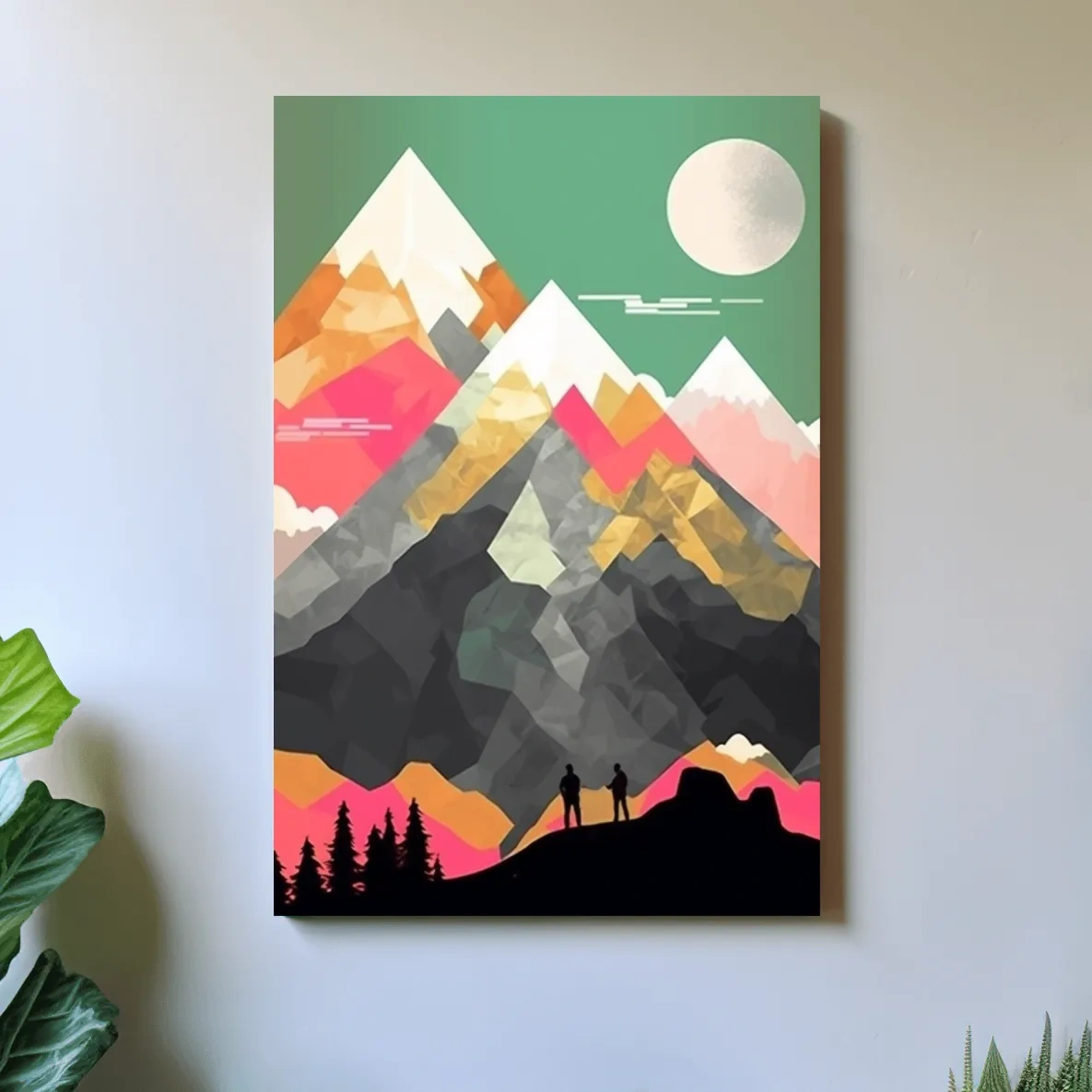 Simple flat colour 2d mountain art, colourful mountain ranges