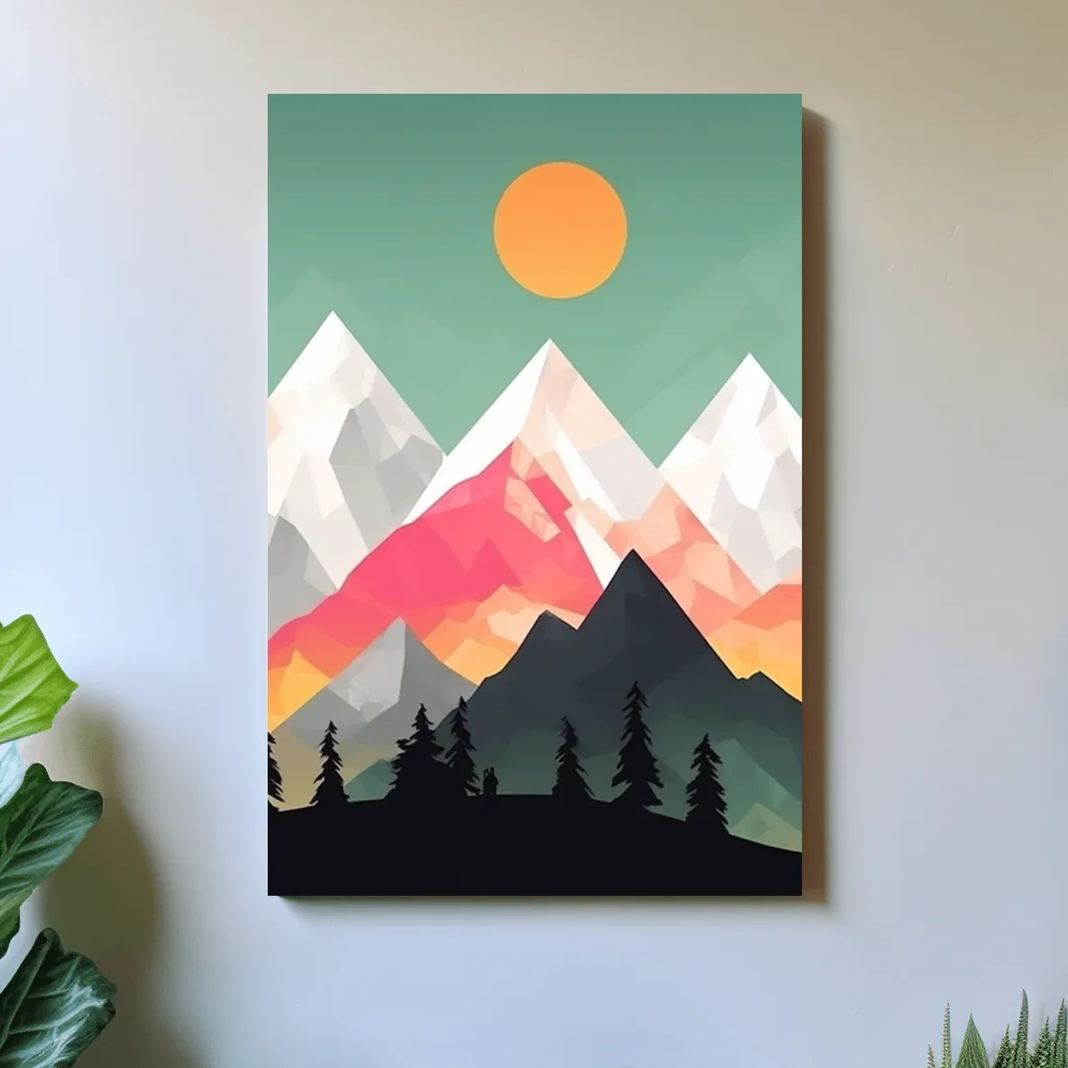 Simple flat colour 2d mountain art, colourful mountain ranges