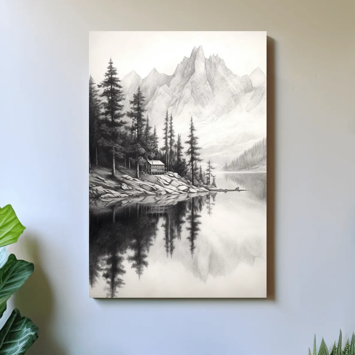 Lead pencil drawing of a cabin by an alpine lake