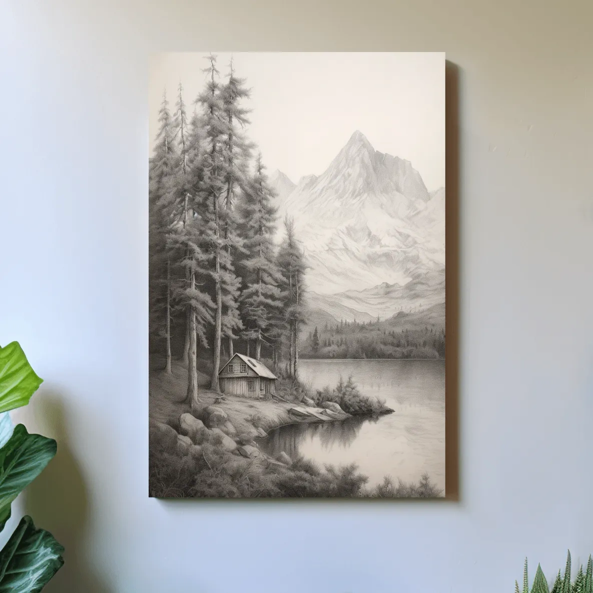 Lead pencil drawing of a cabin by an alpine lake