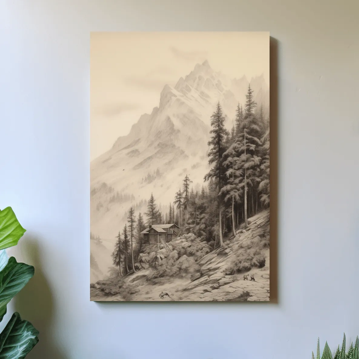 Lead pencil drawing of a cabin by a glacier