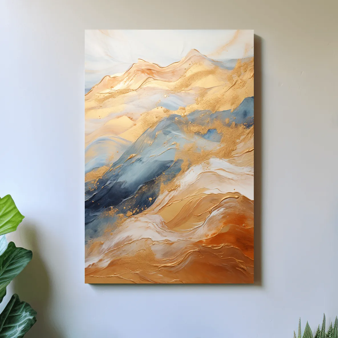 Abstract golden swirling painting forming mountains