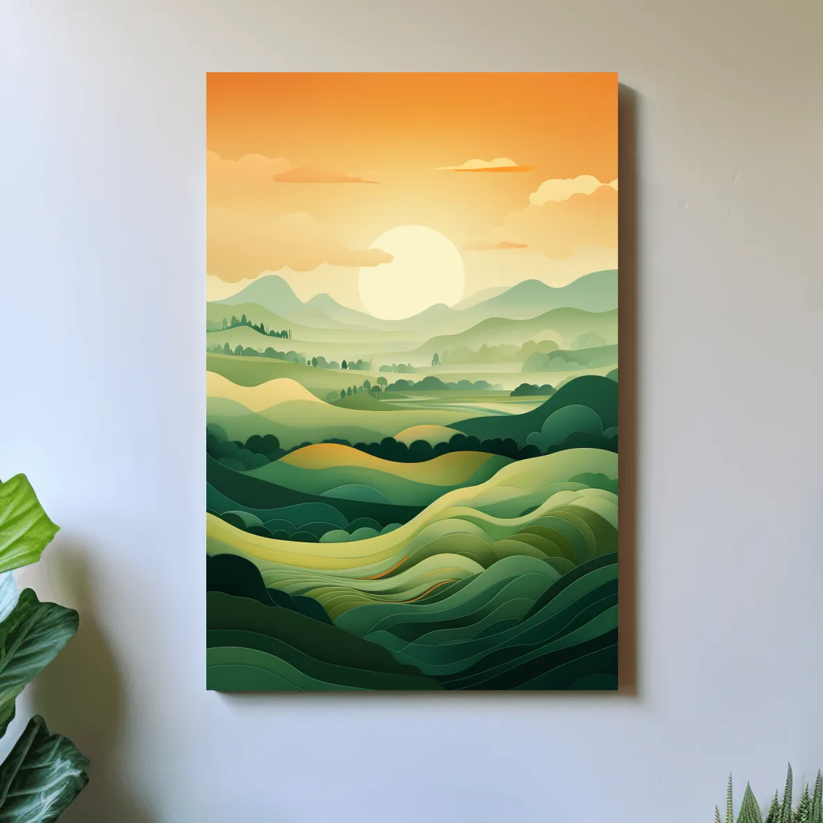 Illustration of rolling green hills at sunset