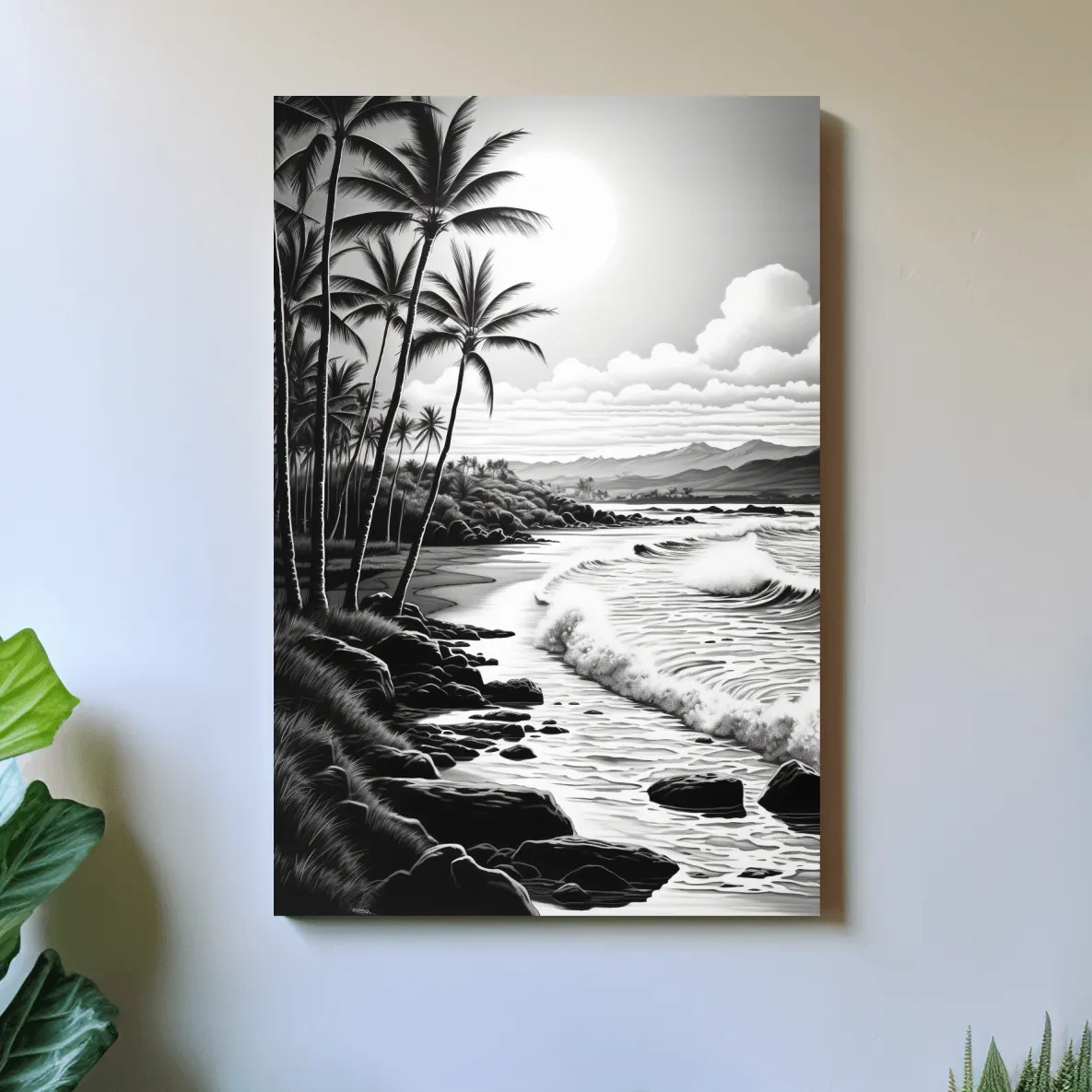 Black and white drawing of a tropical beach mountain scene