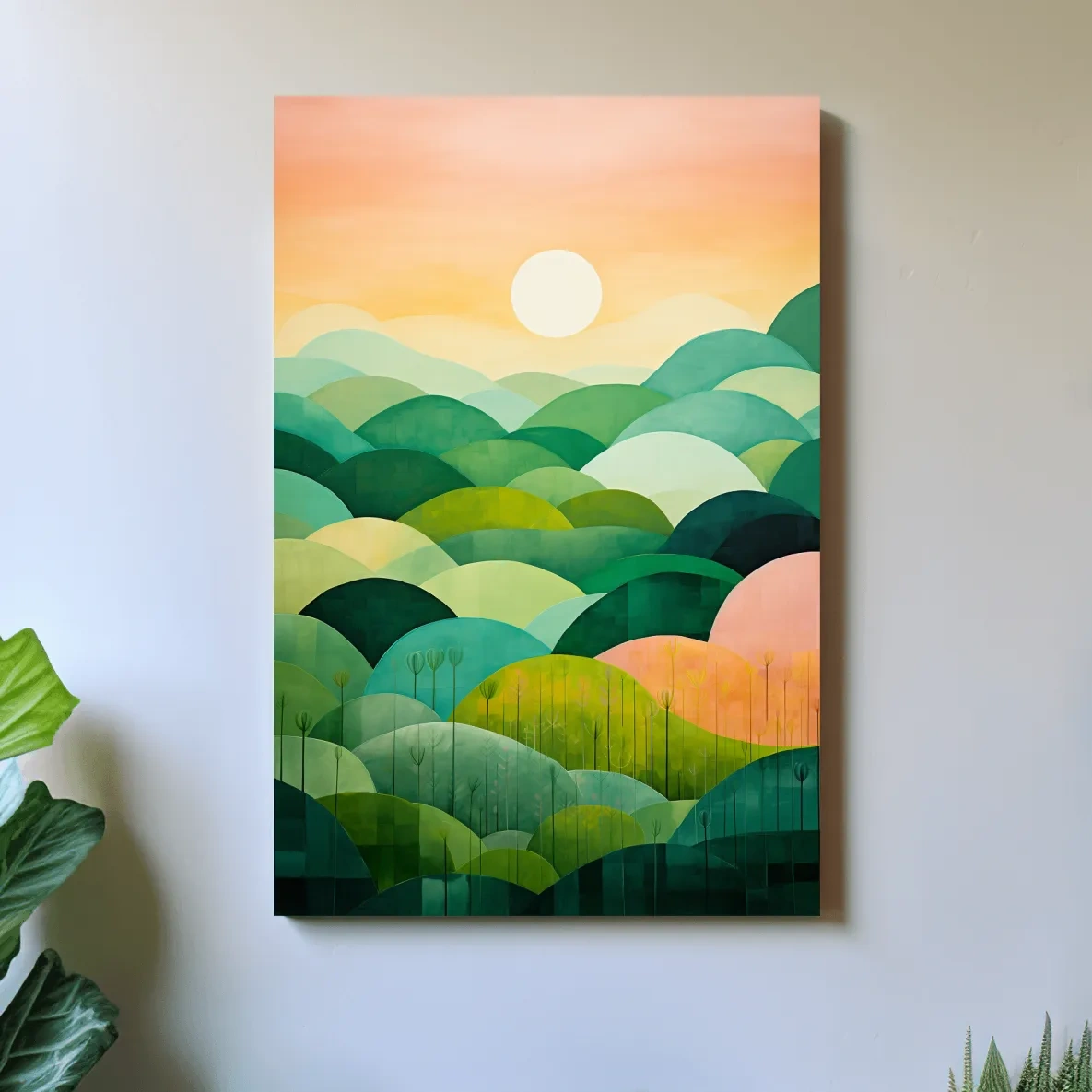 Rolling green abstract hills at sunset