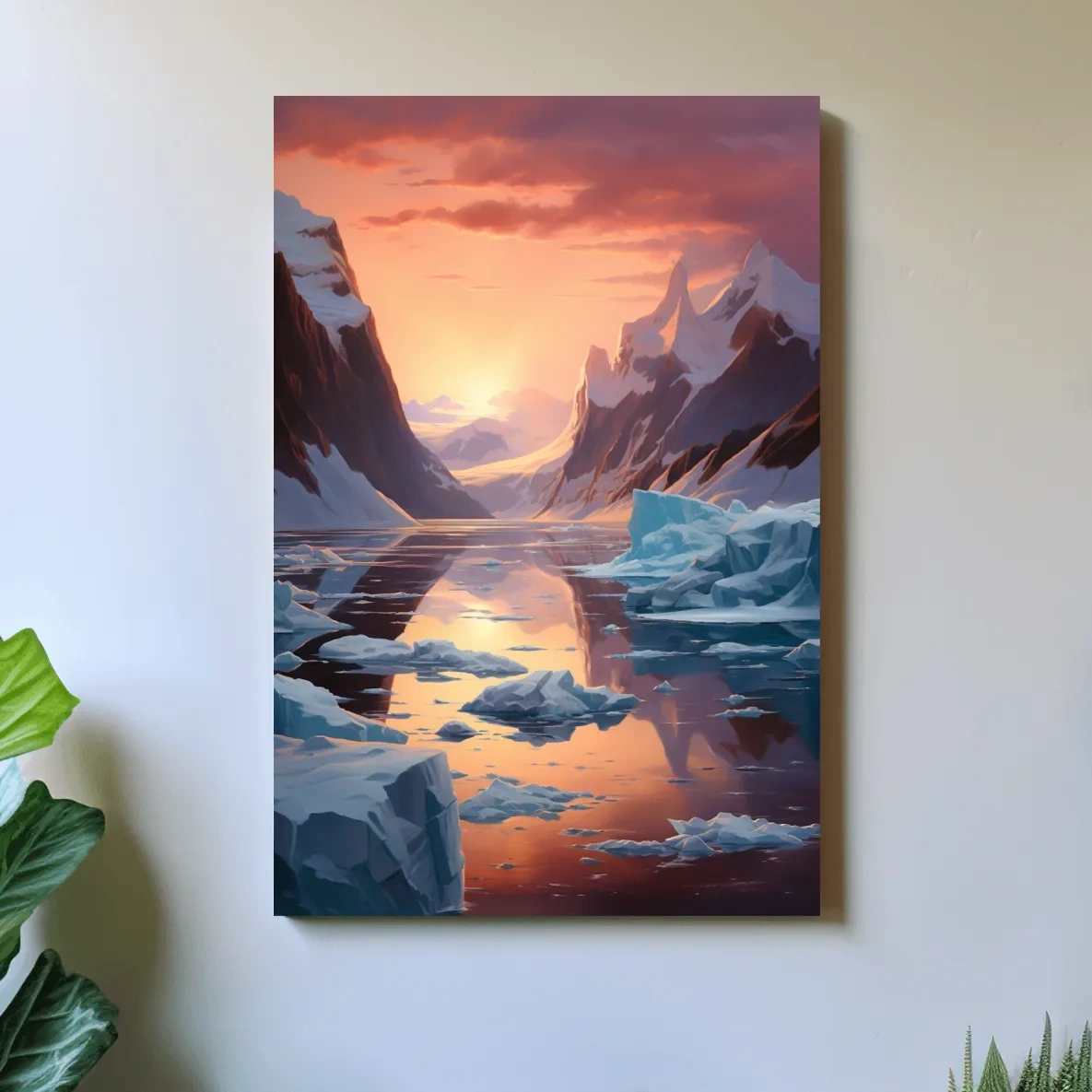 Beautiful surreal painting, sunset over the antarctic ice
