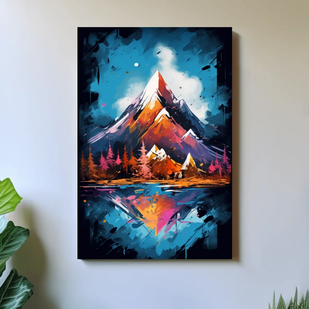 Vibrant Abstract Alpine Lake Painting - Colorful Mountain Forest Wall Art