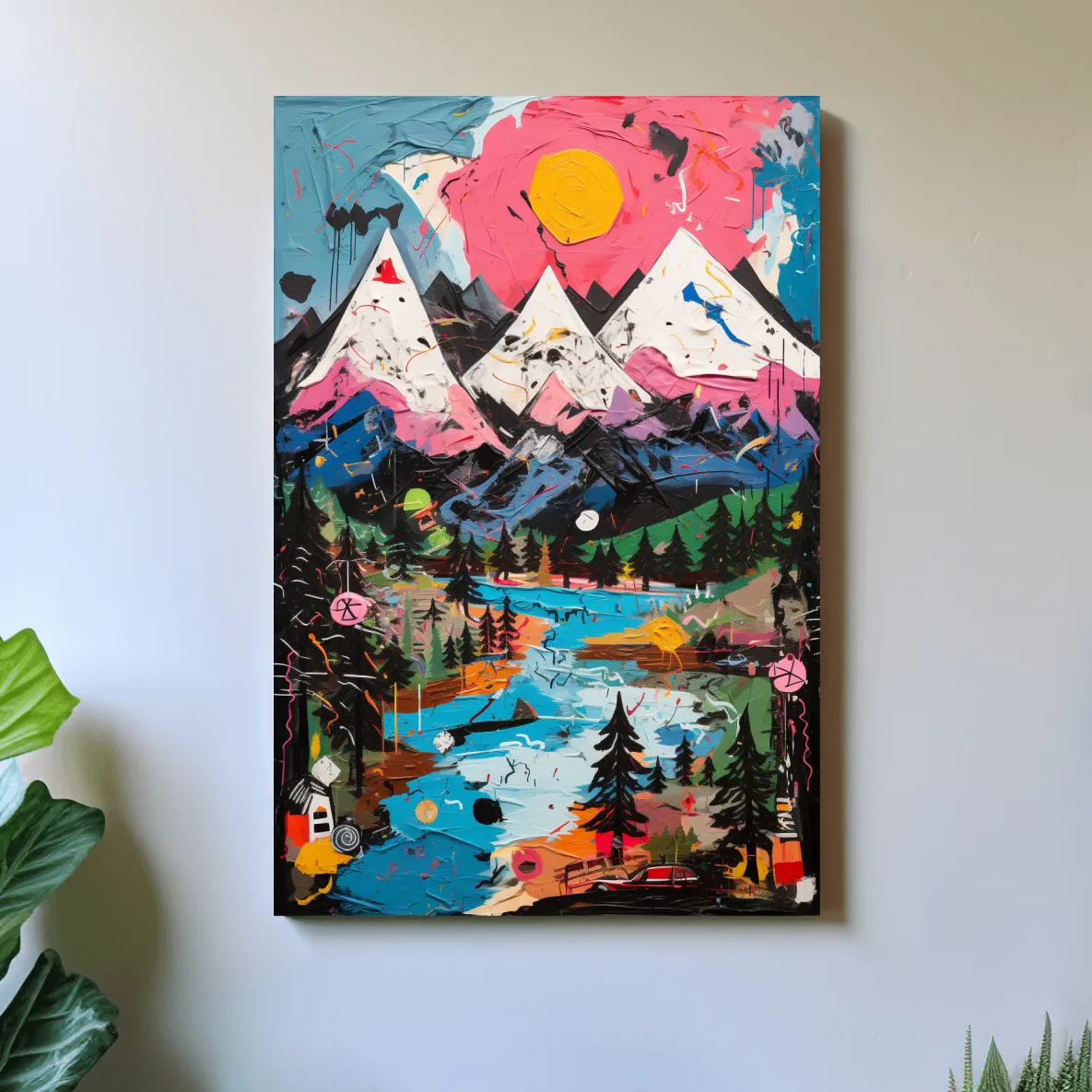 Bold abstract painting of an alpine mountain scene
