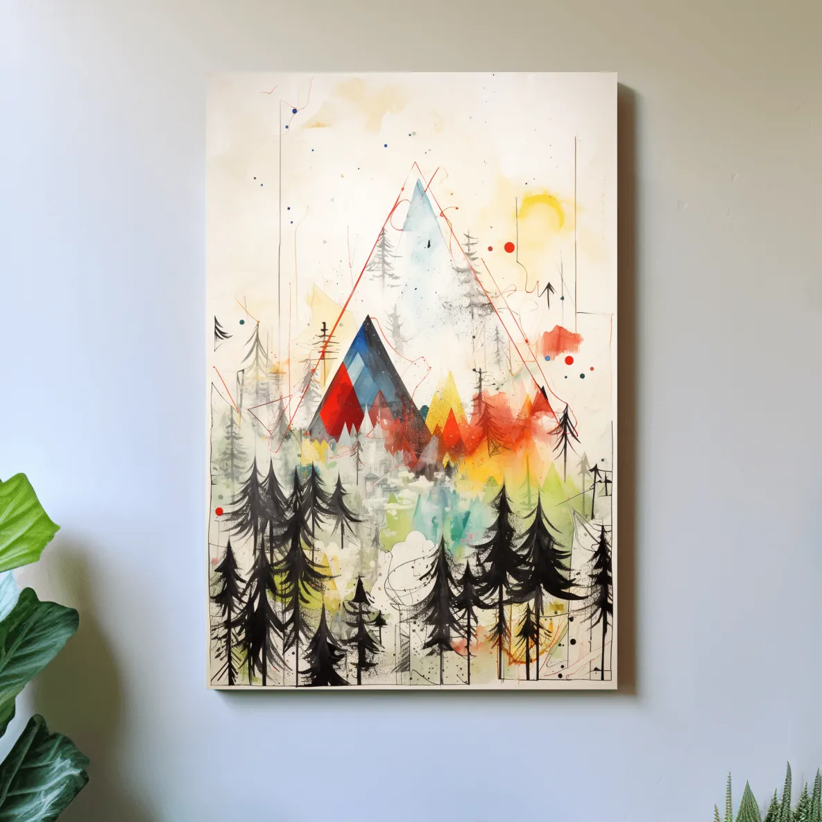 Simple low colour abstract painting, mountains and trees