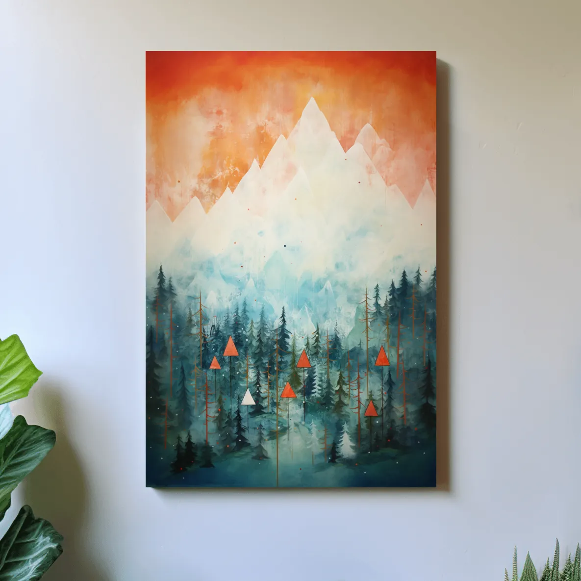 Abstract painting of a forest in the mountains