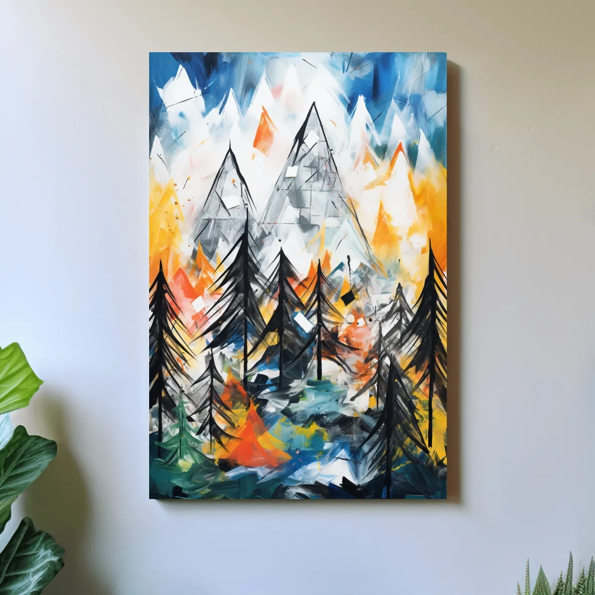 Abstract Alpine Mountain Peaks Painting - Colorful Energetic Pine Forest Landscape Wall Art