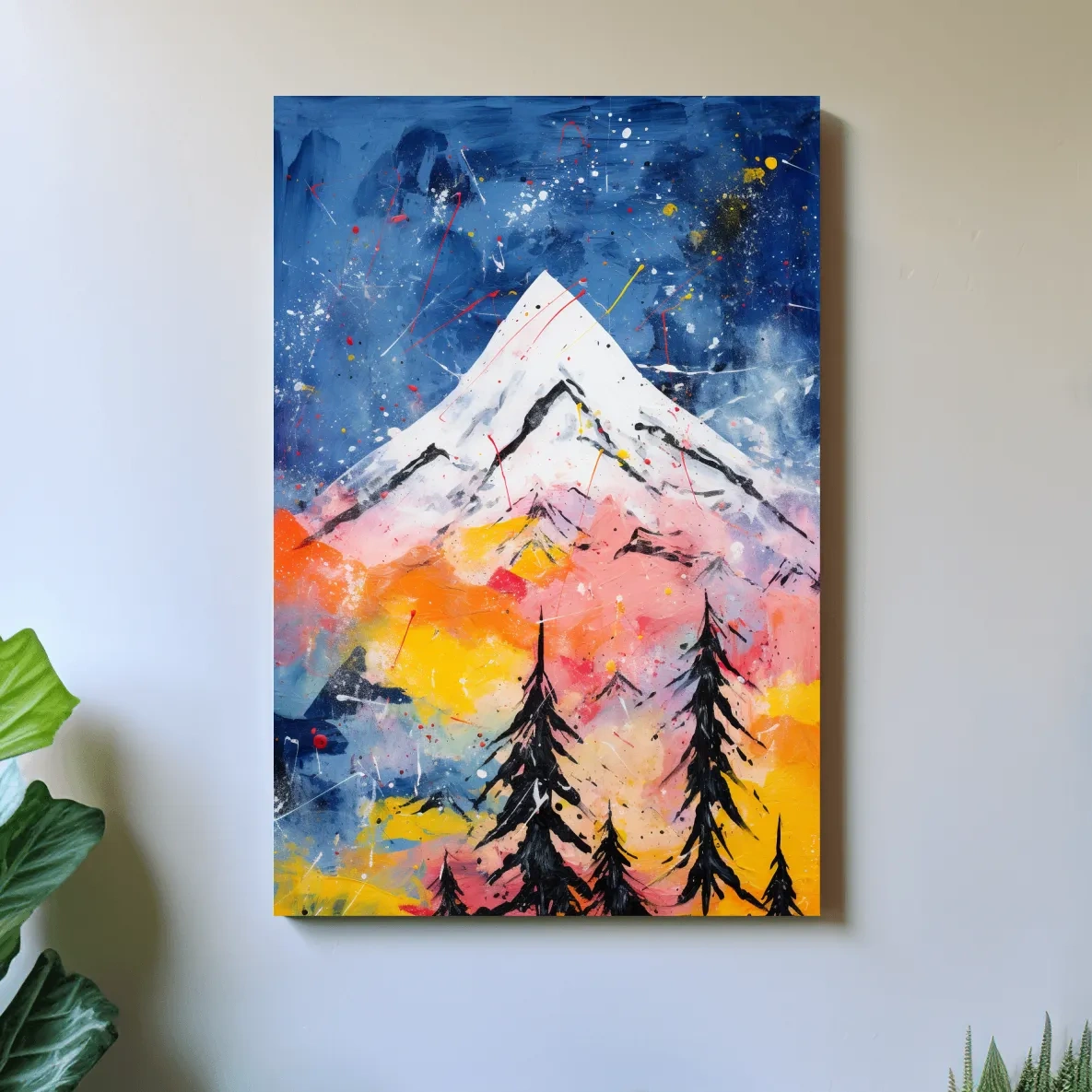 Vibrant Abstract Mountain Peak Sunset Painting - Colorful Acrylic Splash Forest Wall Art