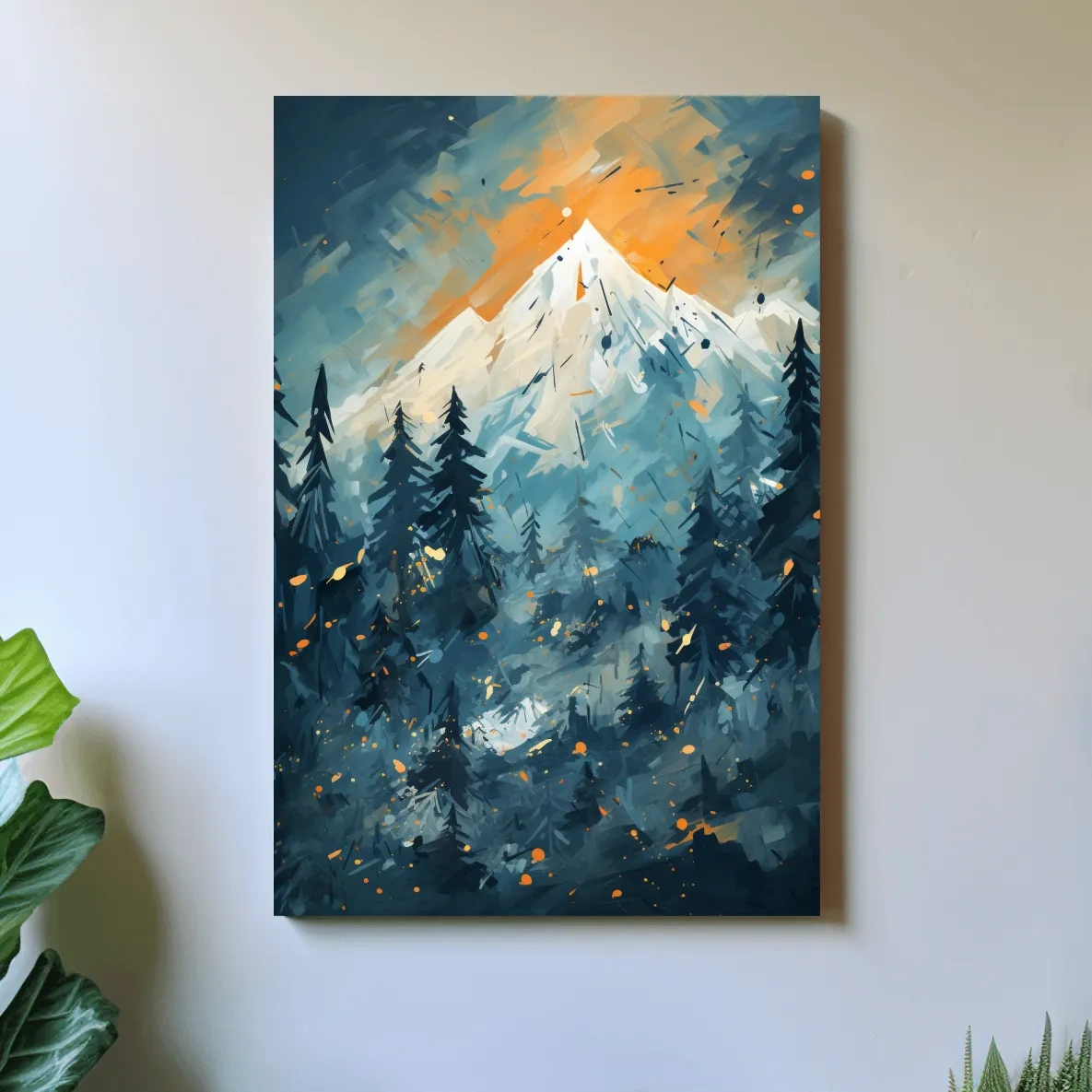 Abstract Snowy Mountain Peak Sunset - Moody Pine Forest Painting Wall Art