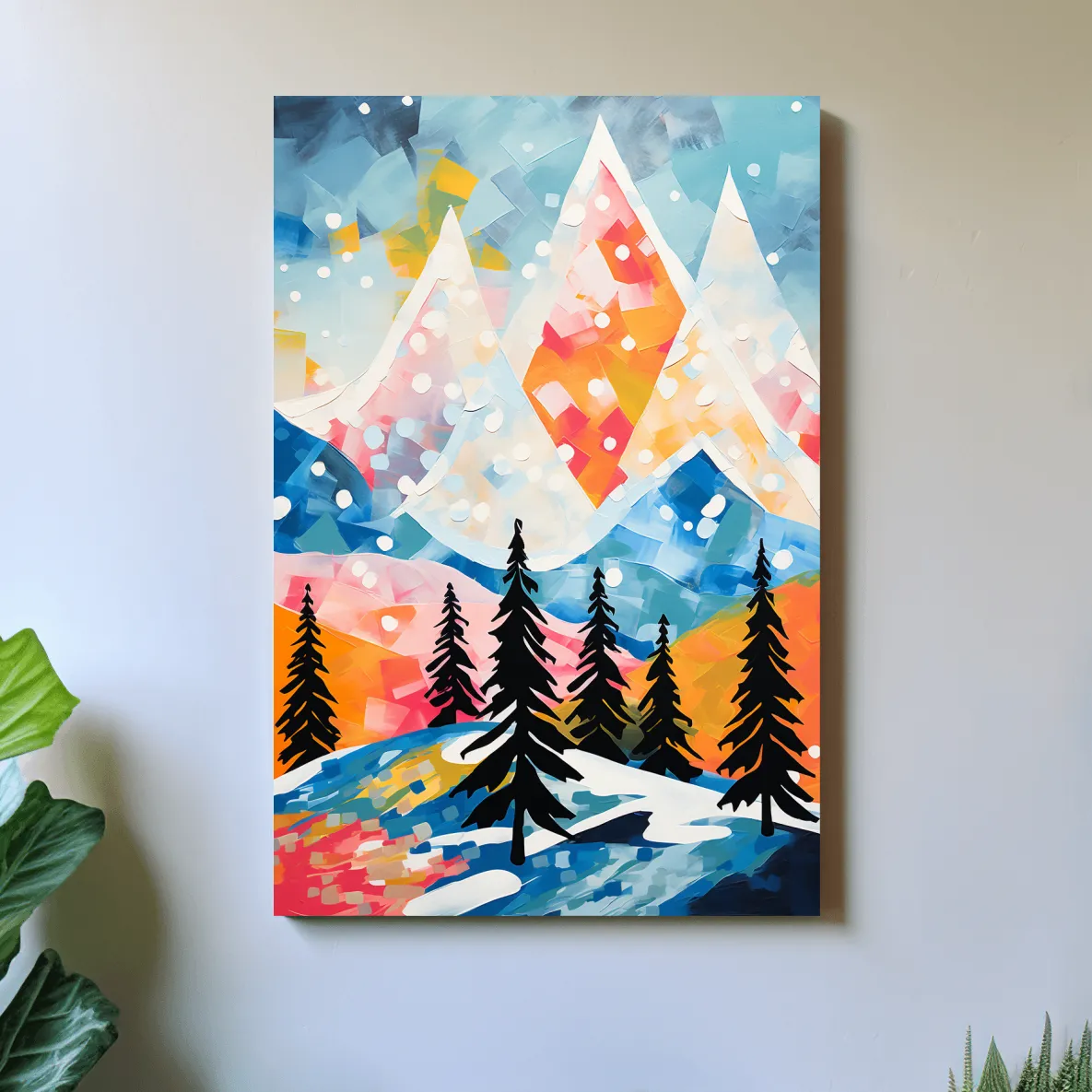 Simple colourful abstract painting of a snowy mountain scene