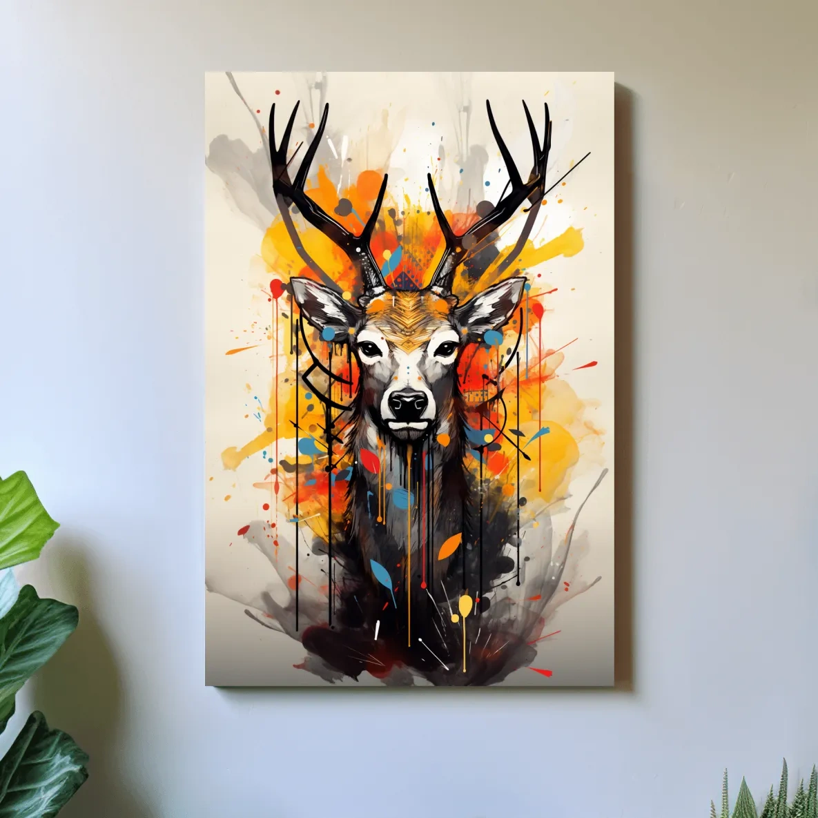 Abstract splattered painting of a deers head