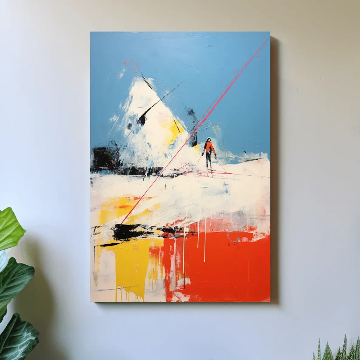 Expressionist style abstract painting of a skier