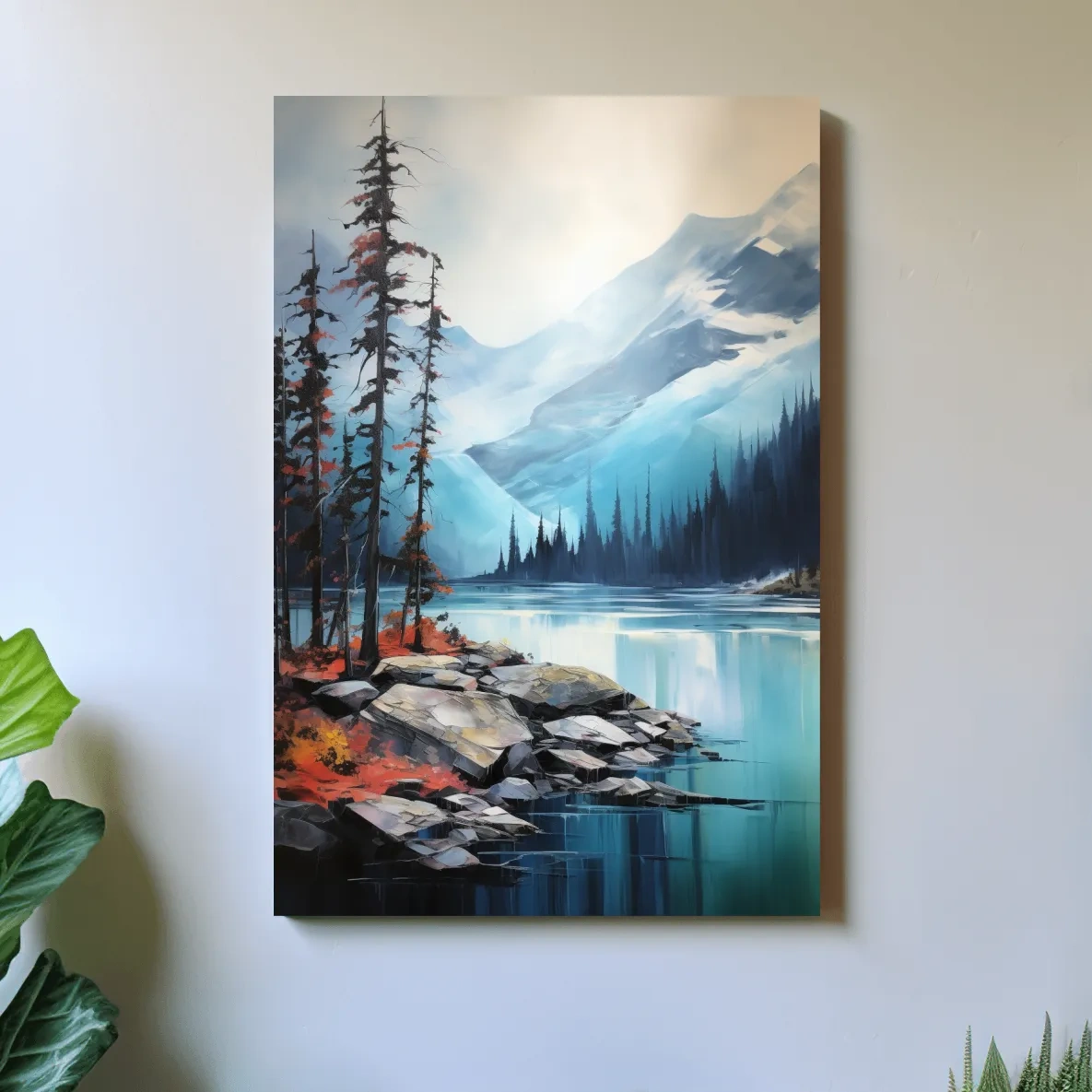 Serene painting, trees on a torquoise alpine lake