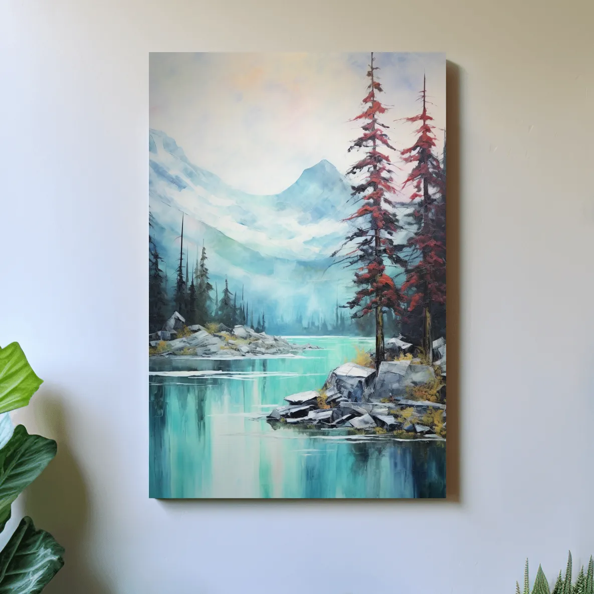 Mountain scenery painting, a turquoise alpine lake