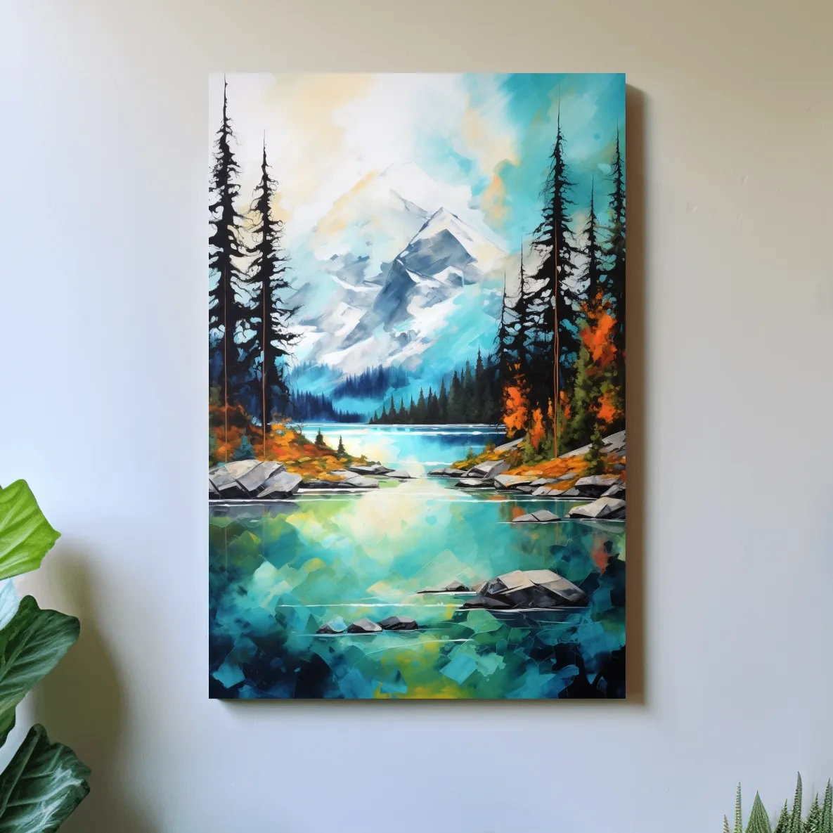 Torquoise alpine lake painting in the fall