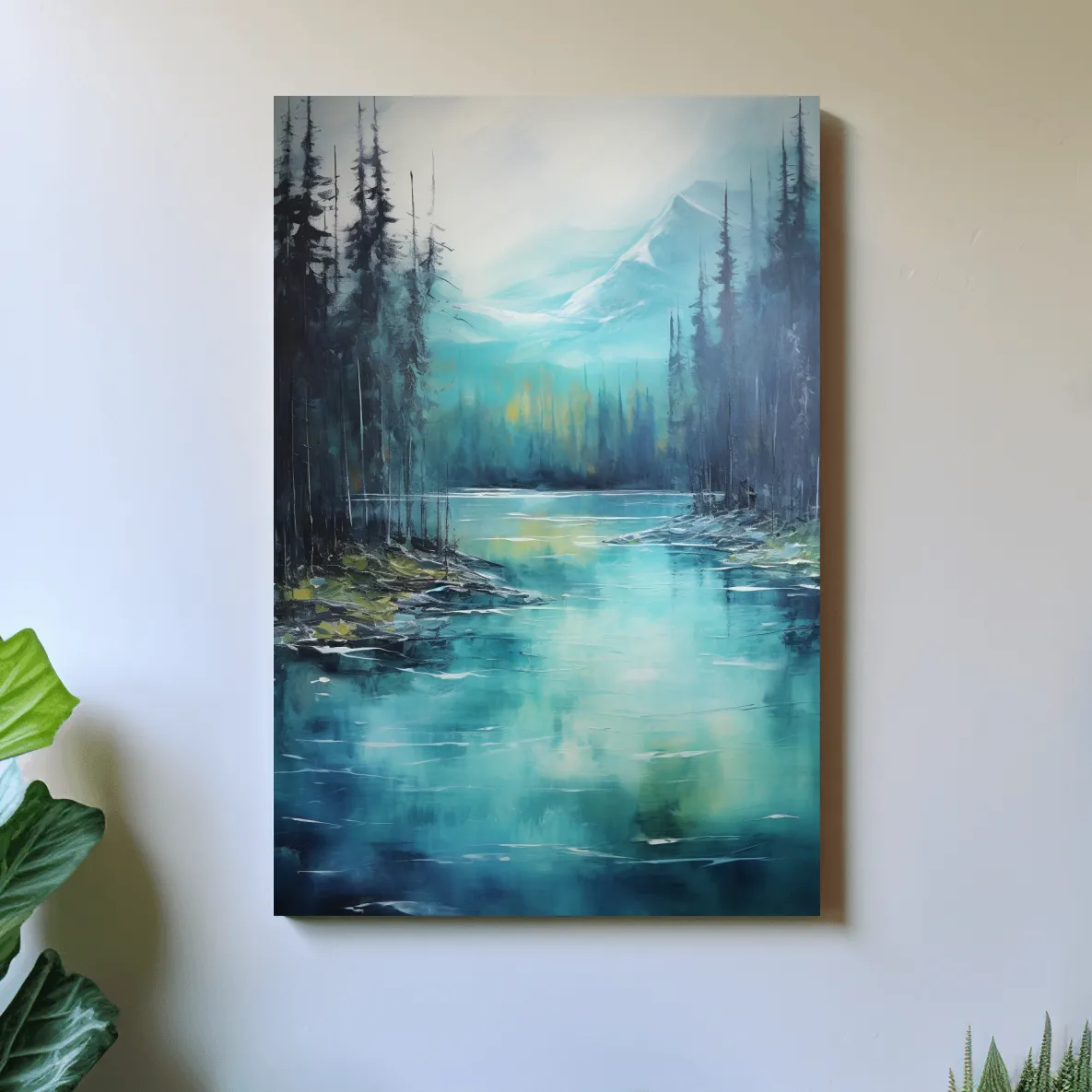 Misty Mountain Lake Reflection - Serene Forest Oil Panting Wall Art