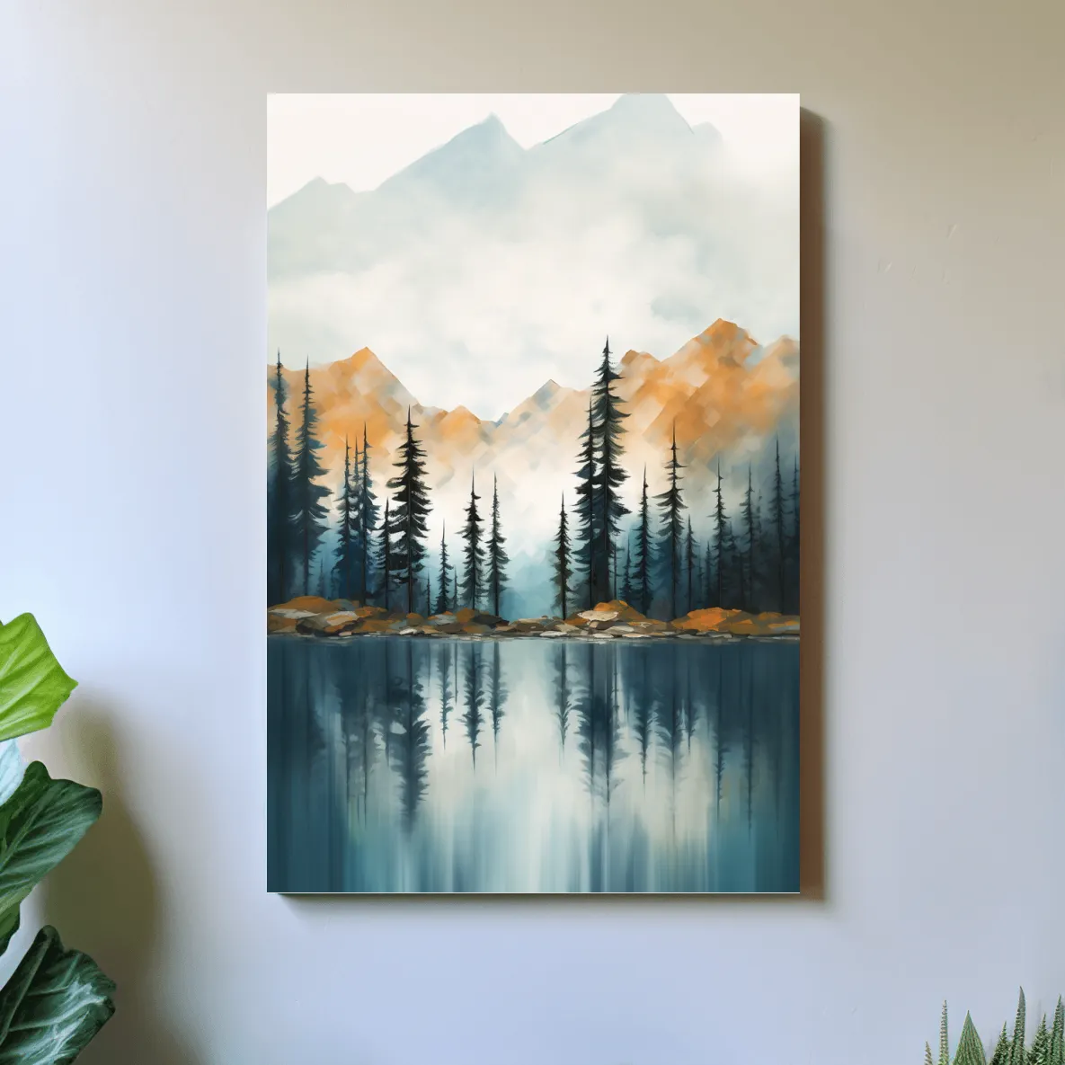 Trees on a beautiful alpine lake, mountain scenery painting