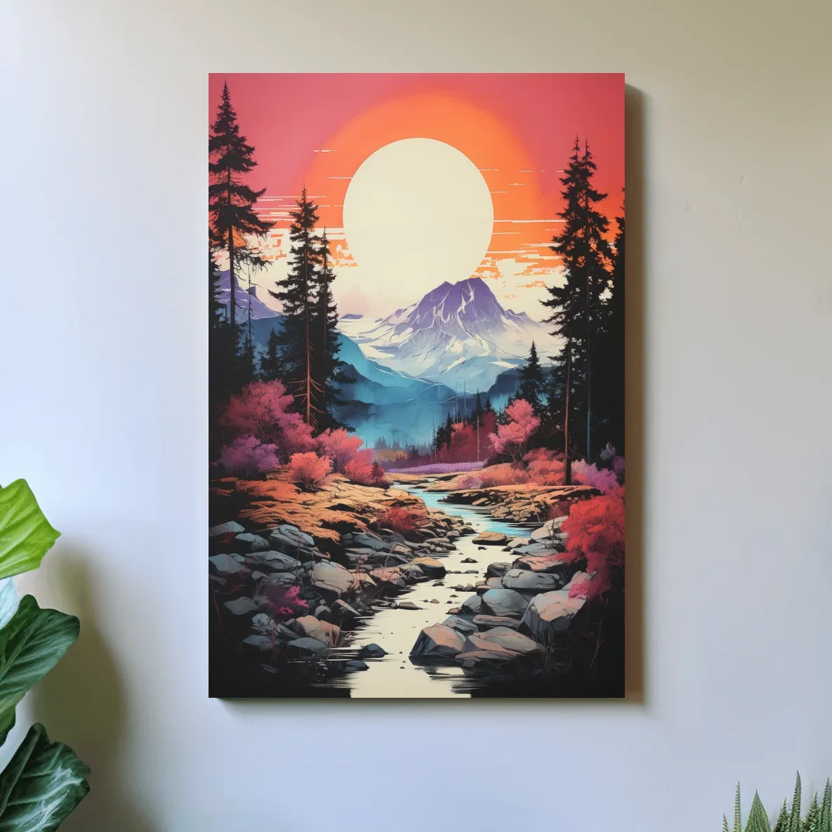 Colorful alpine scene at sunset, illustration