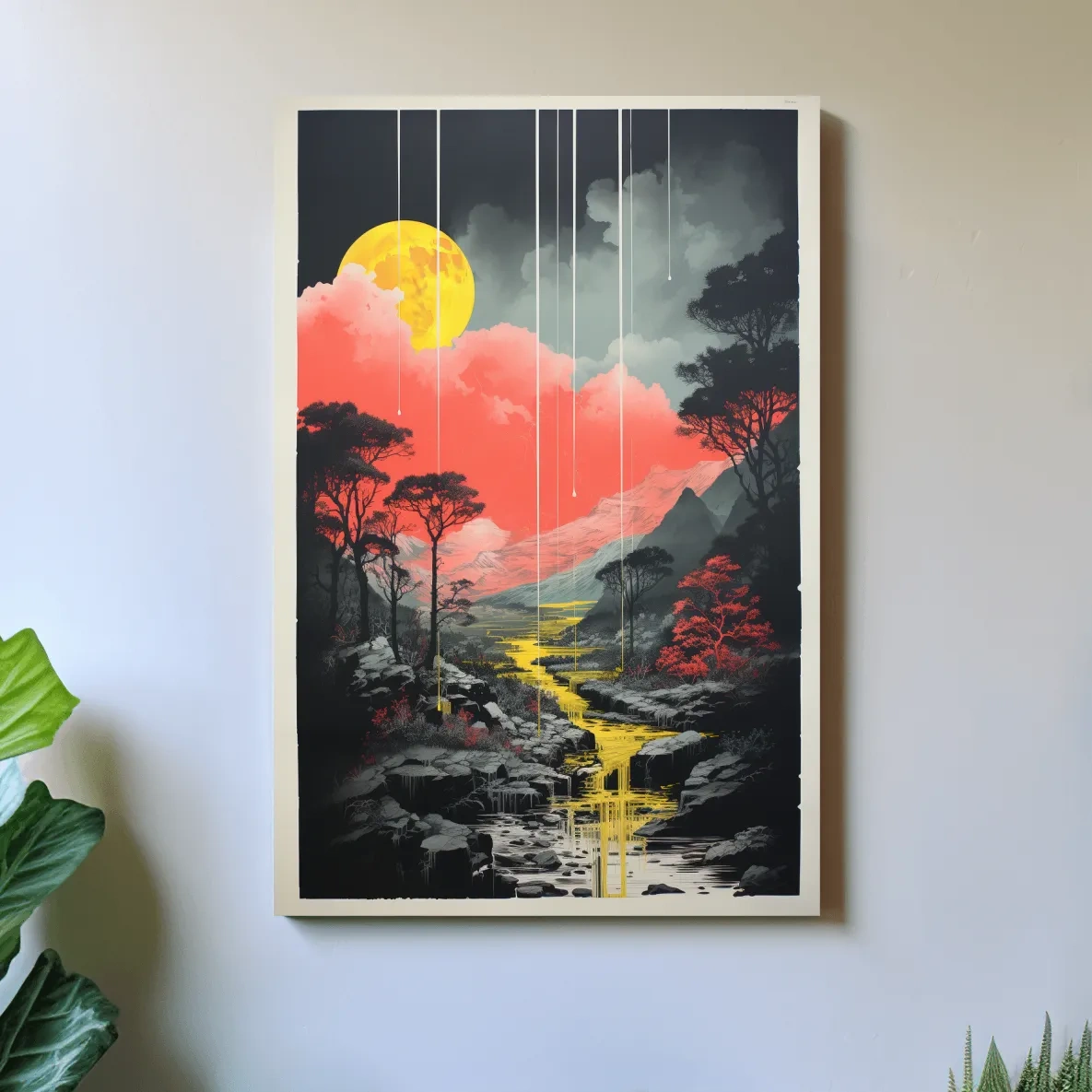 Surreal Moonlit Mountain River Landscape - Fantasy Nature Wall Art