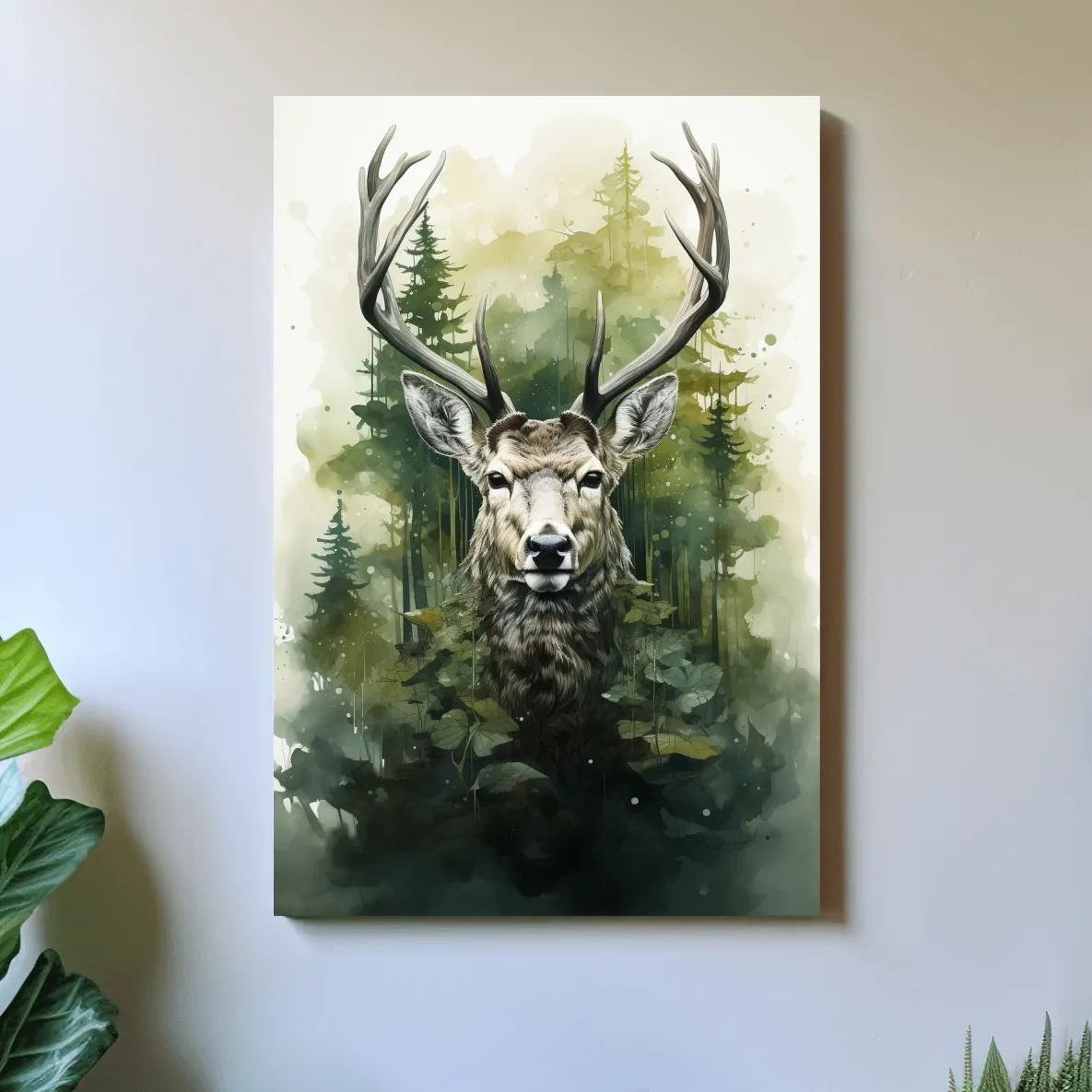 Watercolor Deer Portrait In Misty Pine Forest - Woodland Wildlife Wall Art