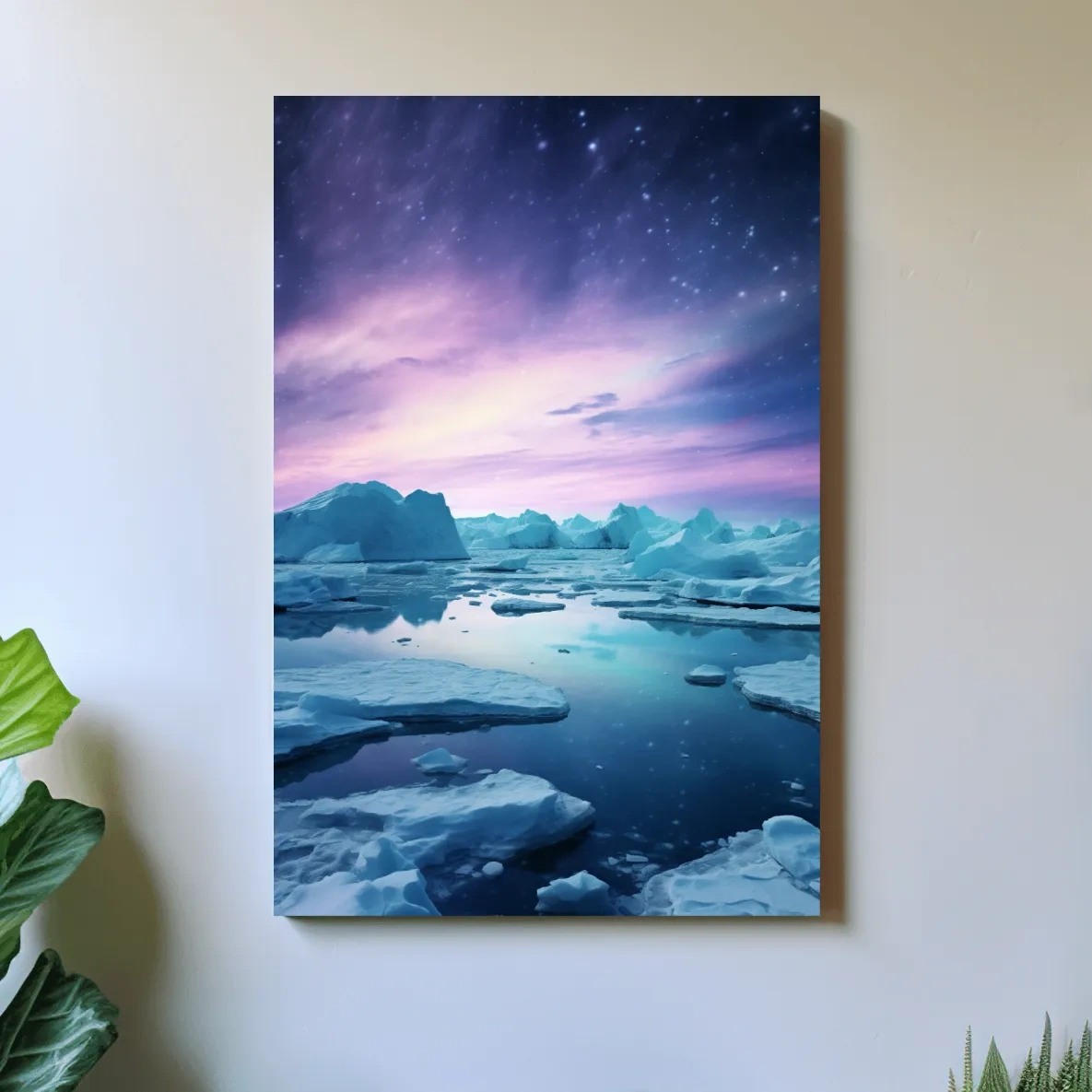 Surreal photography, purple northern lights over the arctic ice
