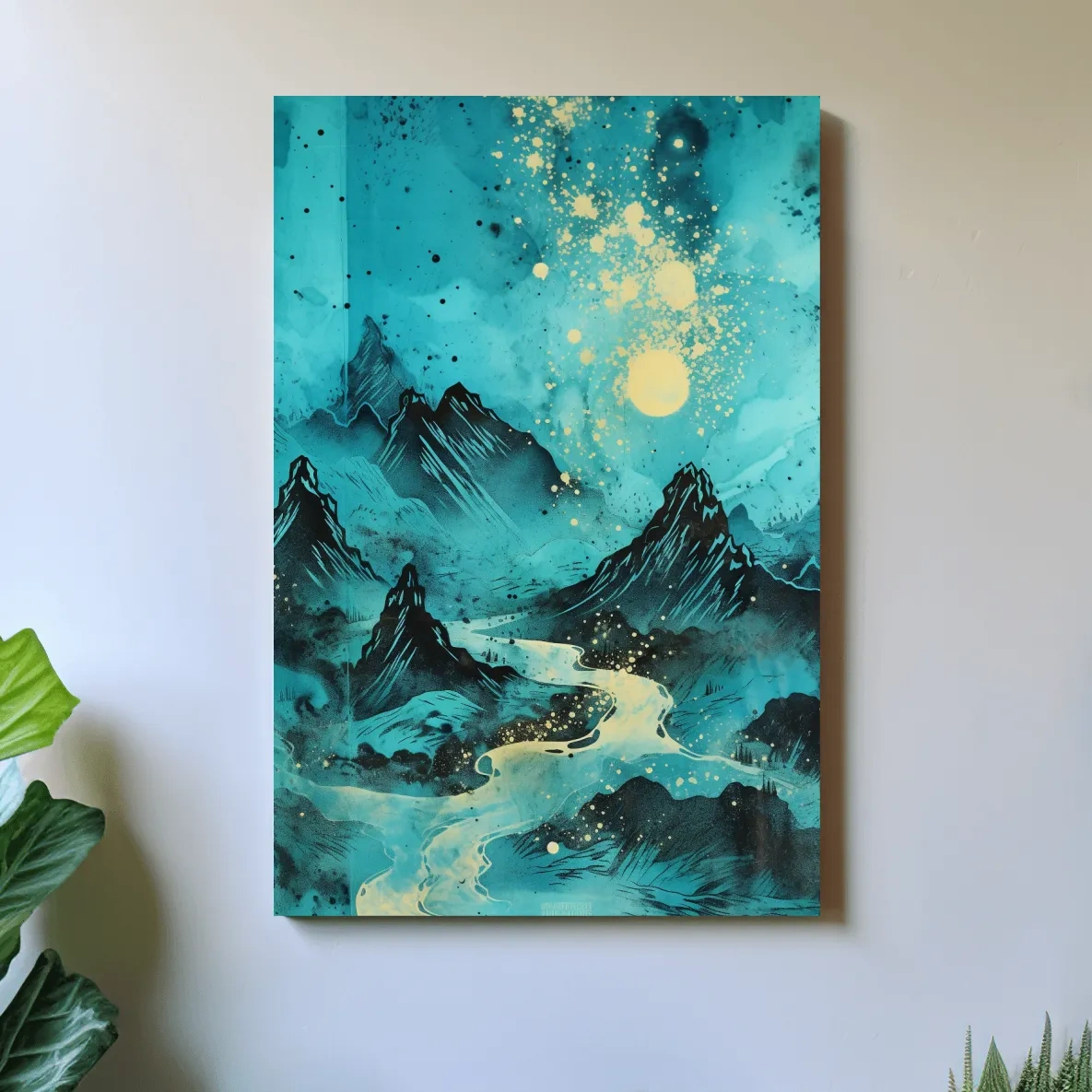 Abstract painting of a river through the mountains
