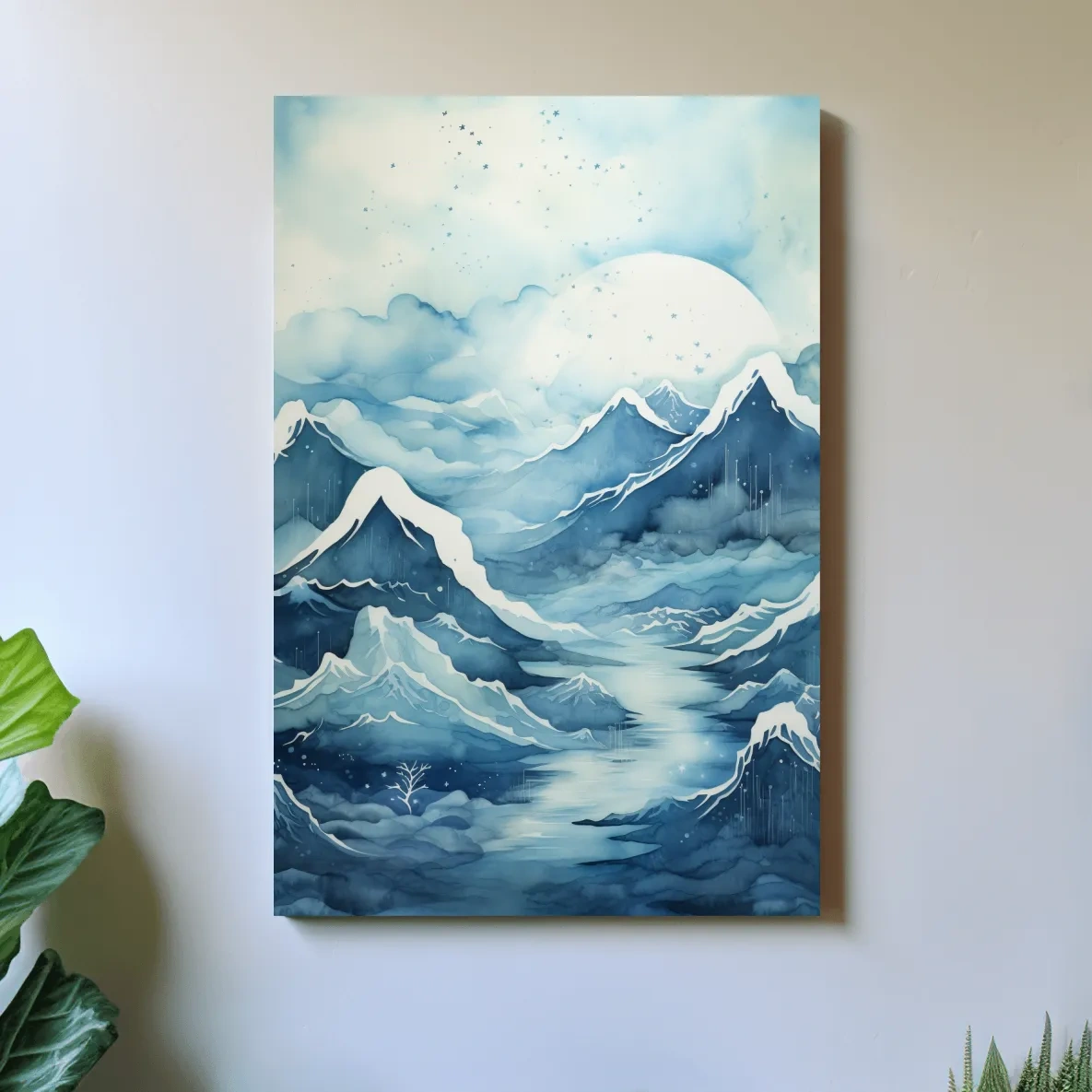 Watercolour painting, subtle blue snowy mountain peaks