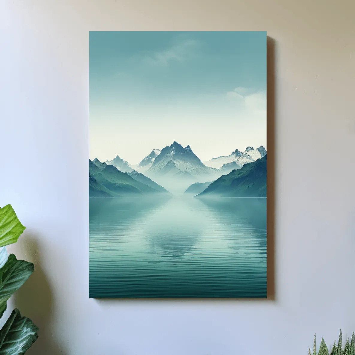 Soft, minimal art, mountains by a lake