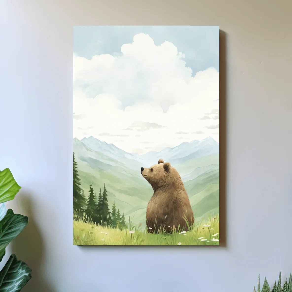 Whimsical Watercolor Bear In Mountain Meadow - Serene Nursery Wildlife Art