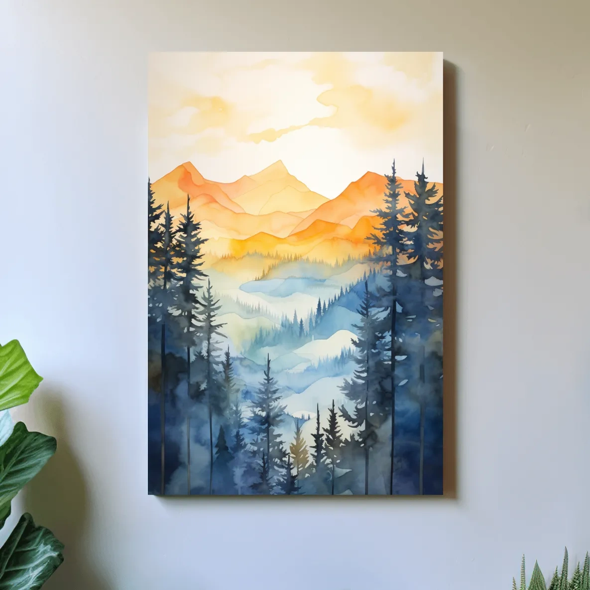 Simple watercolor art painting of alpine mountain scenery