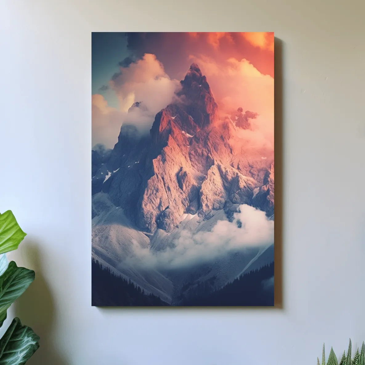 Dramatic mountain peak in colorful clouds, photographic art