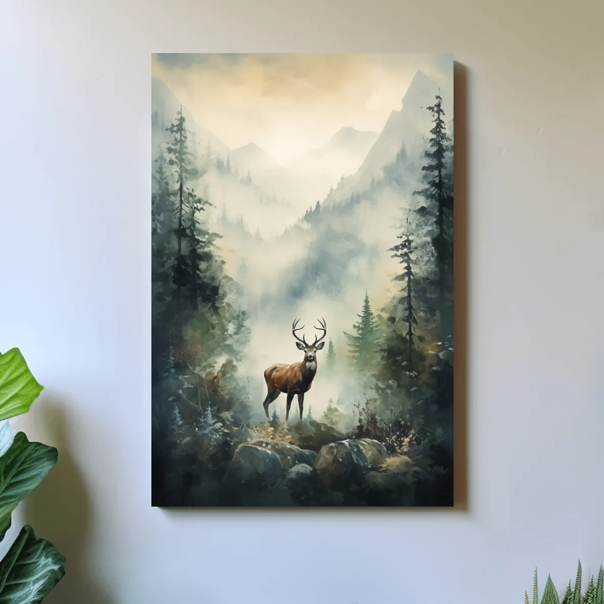 Watercolour painting of a deer standing in a misty forest