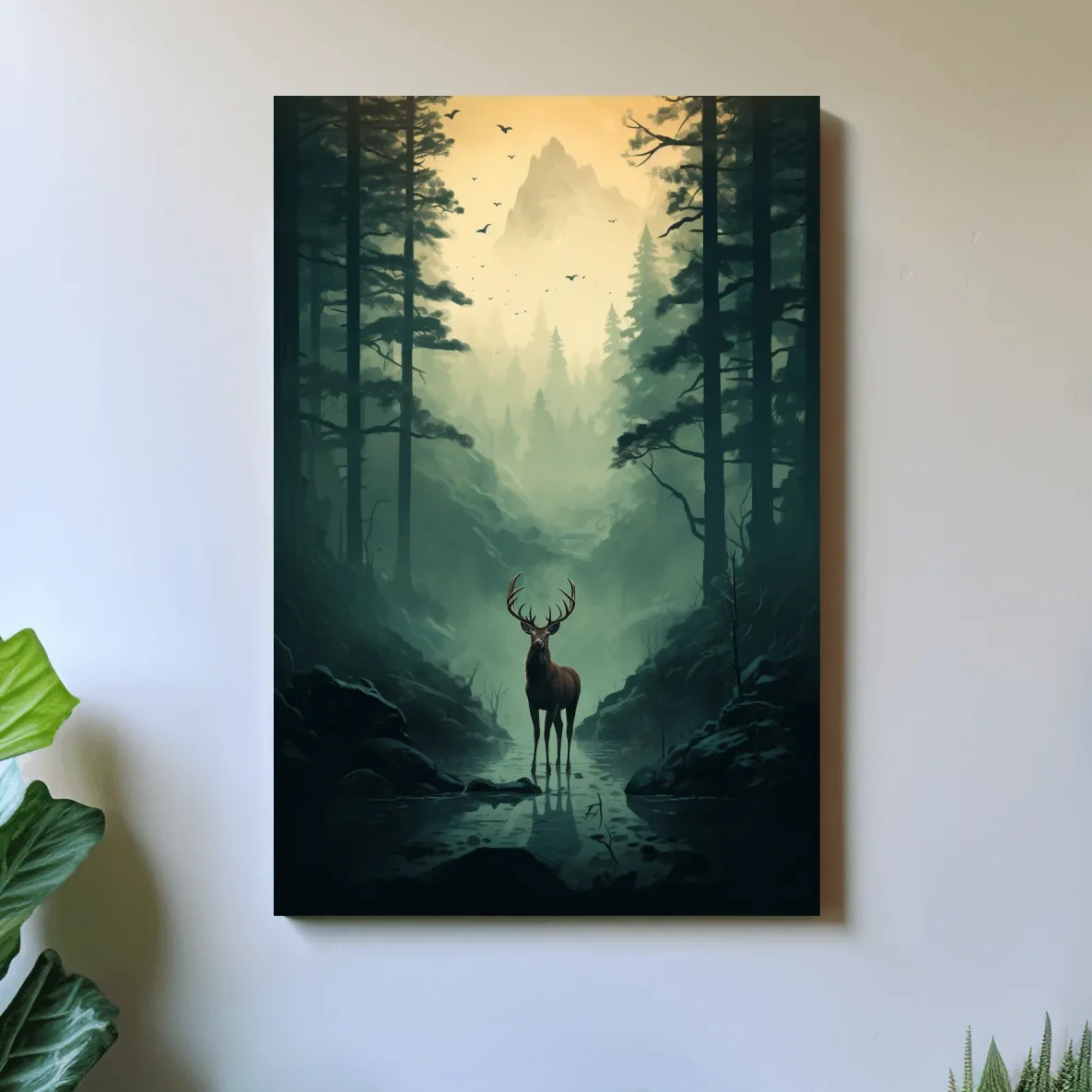 Moody Misty Forest Deer Stag Landscape - Atmospheric Wildlife Mountain Wall Art