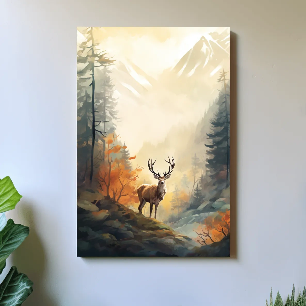 Painting of a deer standing in an autumn forest