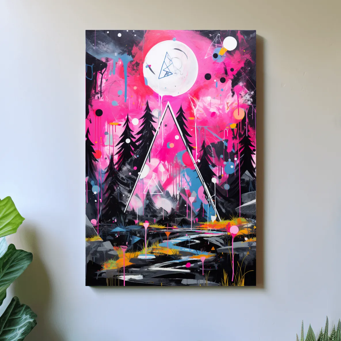 Pink and black abstract energetic art of a forest